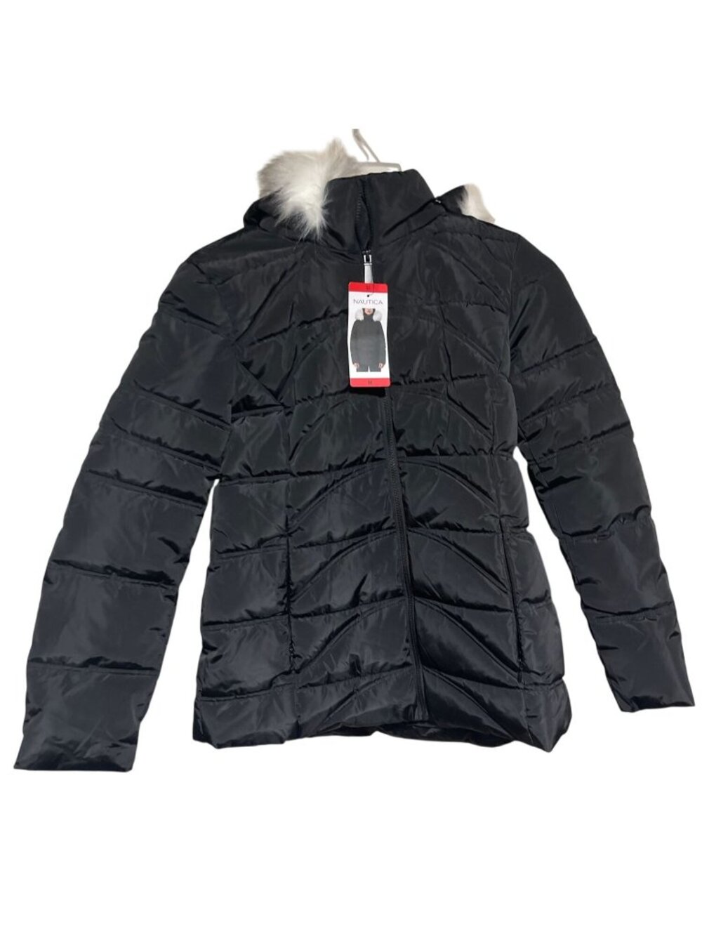 Nautica Womens Black Water Resistant Puffer Jacket Size M With Detachable Hood